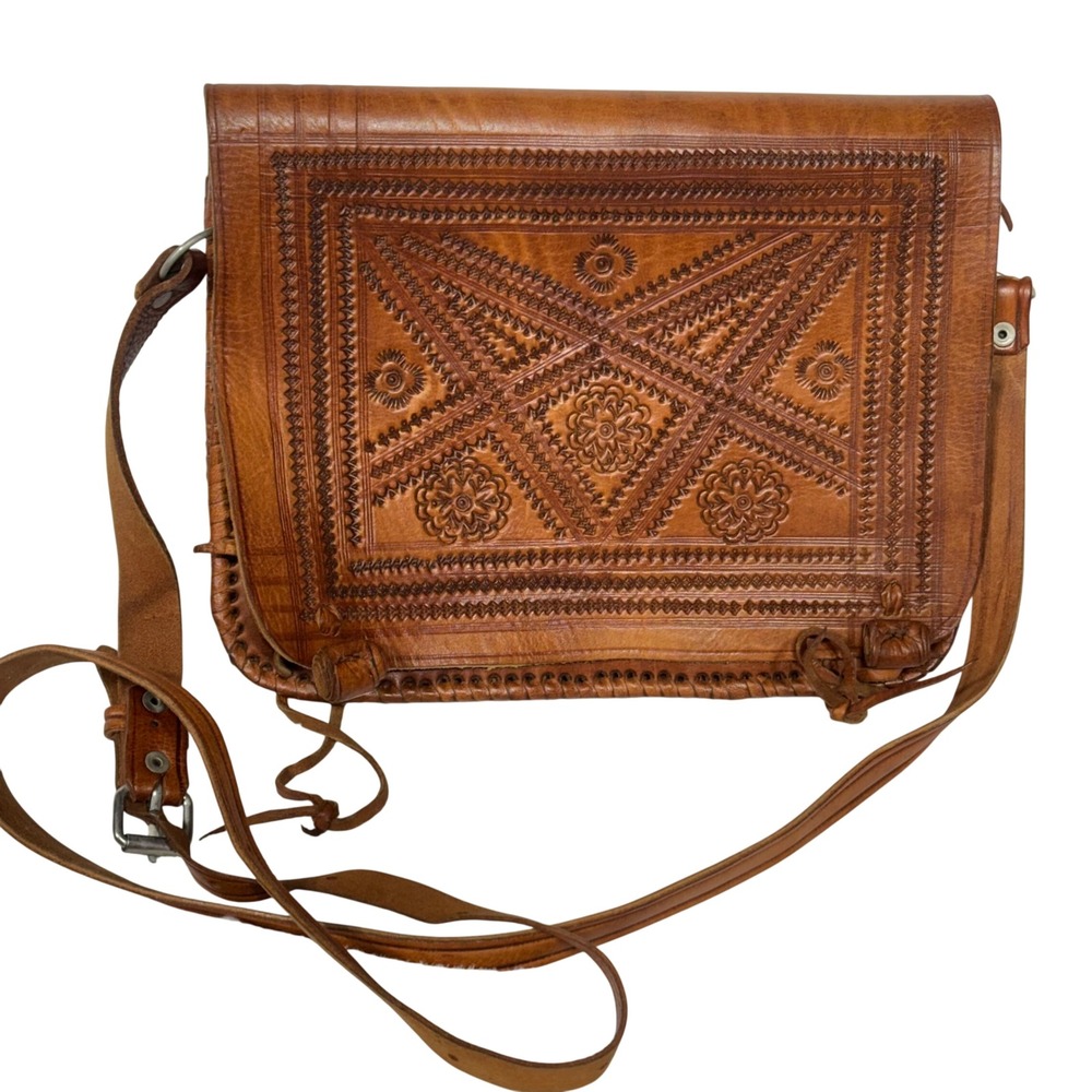 Handmade Moroccan Tooled Leather Floral Boho Satchel Messenger Crossbody Bag